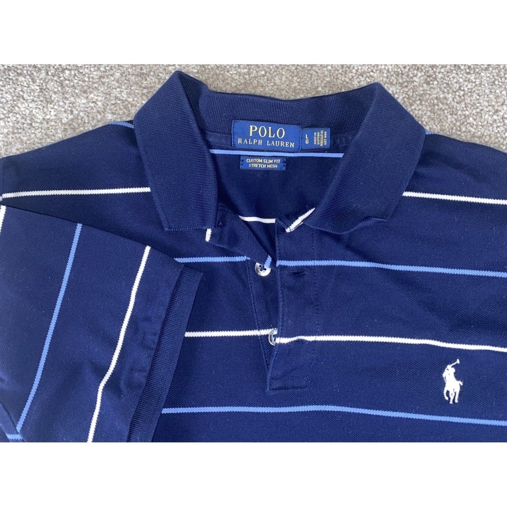 Polo Ralph Lauren Slim Fit Stretch Mesh Blue Striped Polo Men L White Pony Prep